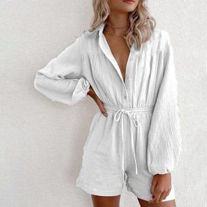 White Button Up Long Sleeve Drawstring Romper